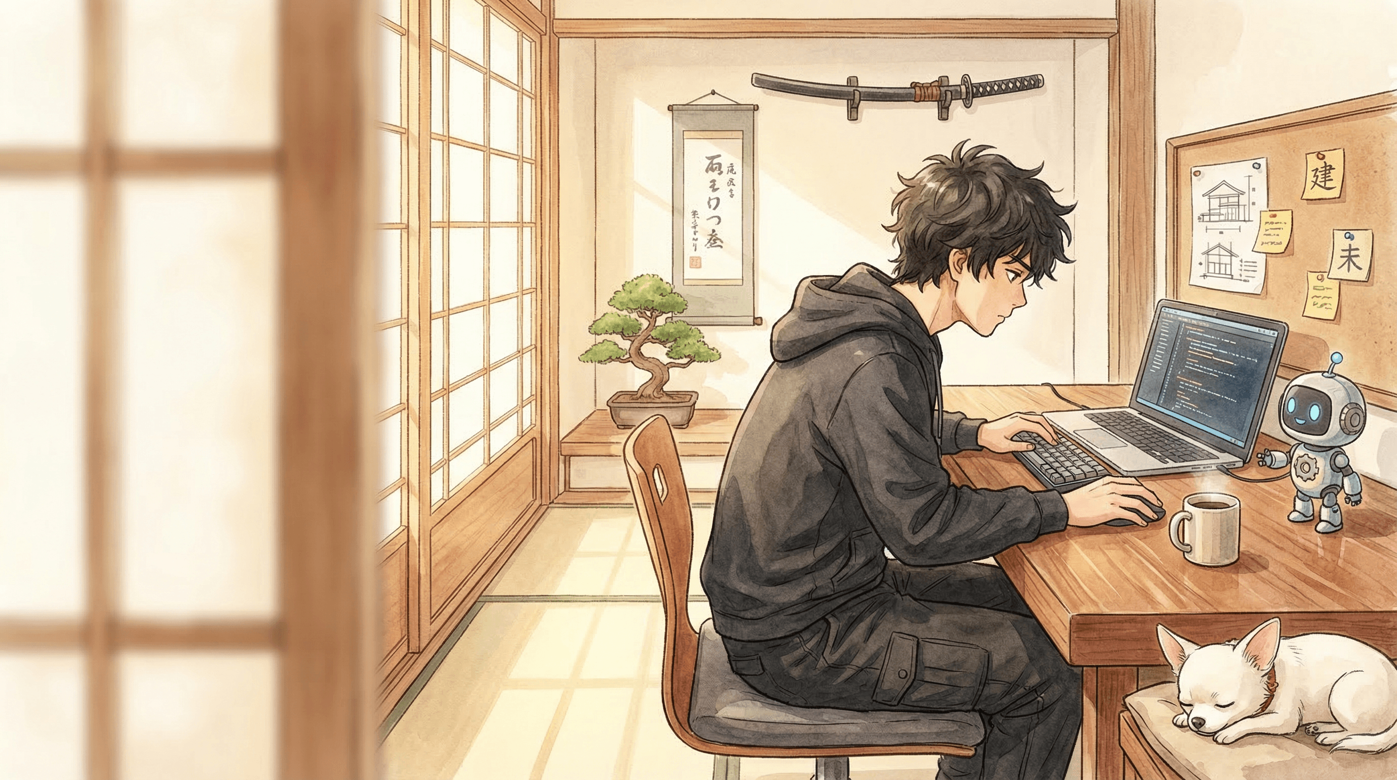 Male developer in ninja-inspired outfit working with chihuahua and small robot in studio