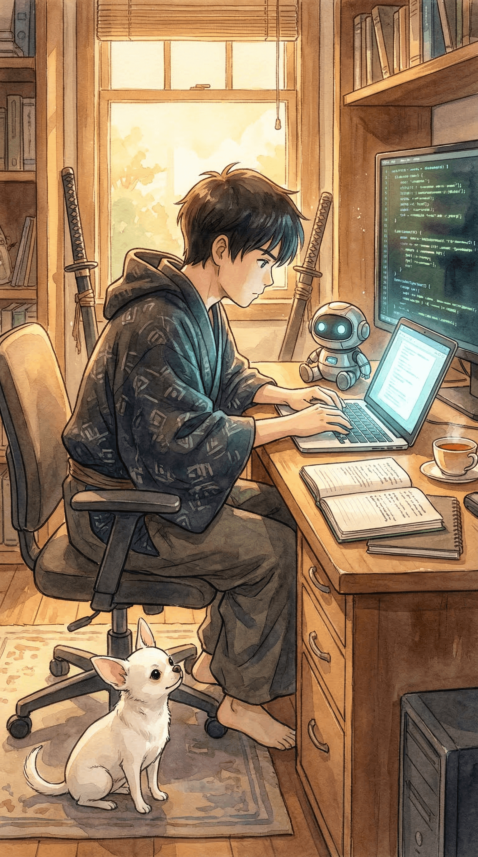 Male developer with chihuahua and small robot in studio